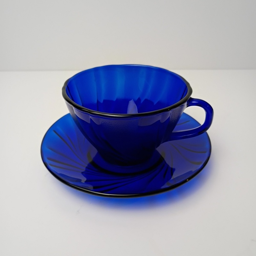 Duralex Vereco France Cobalt Blue Glass Rivage Swirl Teacup And Saucer Set